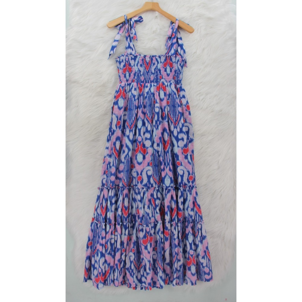 Crown & Ivy Maxi Dress PM Blue Ikat Print Cotton Swiss Dot Smocked Tie NWT #664 - Picture 12 of 14